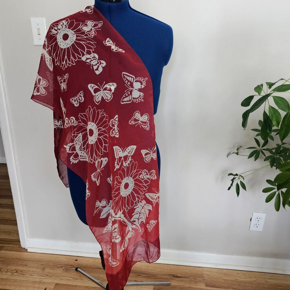 Salvatore Ferragamo 100% Silk Scarf – Red Floral & Butterfly Print Made in Italy
